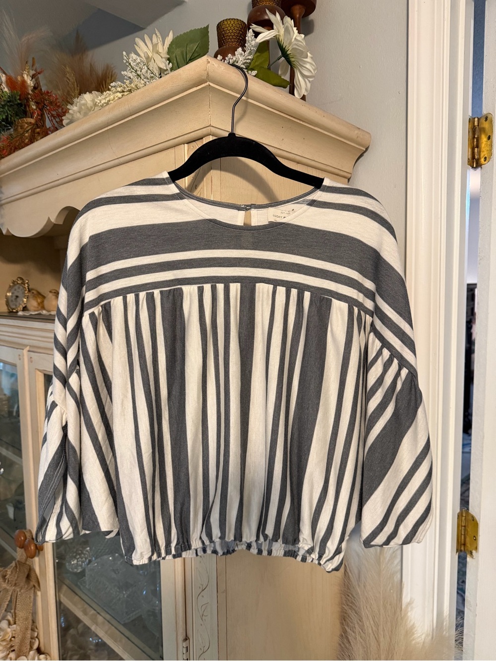 Lucky Brand Striped Peasant Top - Gray & White